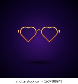 Gold Heart shaped love glasses icon isolated on dark blue background. Suitable for Valentine day card design.  Vector Illustration
