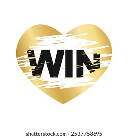 Gold heart shaped scratch card surface with scraped texture and WIN text. Winner lottery, sale coupon, jackpot scratchcard template. Vector realistic illustration.