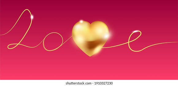 Gold heart with shiny glares and lights isolated on a violet transparent background. Valentines Day greeting card template made in a realistic style. Premium vector.