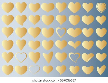 Gold heart vector icon background set for Valentine's day, medical illustration, love story symbol. Health medical flat logo. Romantic amour beautiful shape