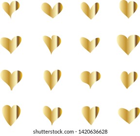 Gold heart vector shape. Love icons set isolated on white background. Collection of flat heart icons for web site, love symbol, icon shape,greeting card and Valentine's day. Vector illustration