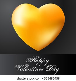 Gold heart with white Happy Valentine's Day lettering on premium dark background. Elegant vector illustration.