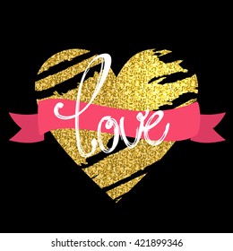 gold heart. the word "love" with a gold pattern