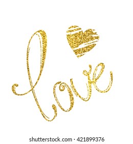 gold heart. the word "love" with a gold pattern