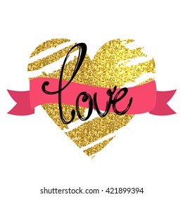 gold heart. the word "love" with a gold pattern