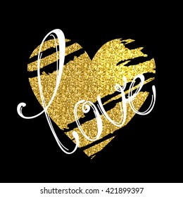gold heart. the word "love" with a gold pattern