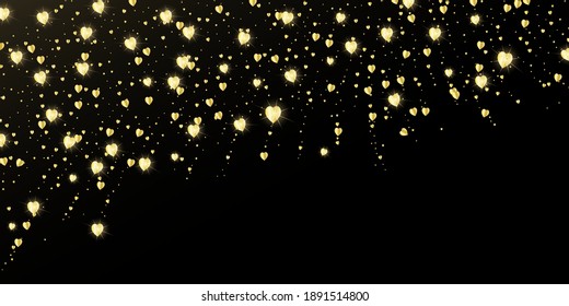 Gold hearts, confetti, fireworks on a black background. Festive background. Abstract texture. Design element. Vector, eps 10.