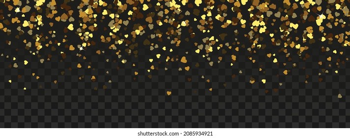 Gold hearts confetti isolated on transparent background. Vector illustration. Falling golden hearts for party decoration, birthday celebrate, banner, anniversary. Festival decor.