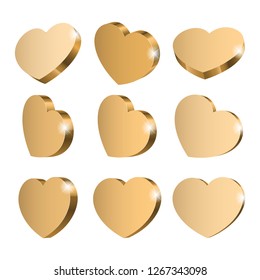Gold hearts in different angles. Design elements for a wedding or Valentine's Day. Vector illustration