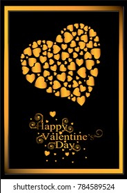Gold Hearts float on top and text isolated on black  background, Text happy valentine's day, Love iconic, Idea for art, card, gift, decoration, wallpaper, and background,Vector,EPS10