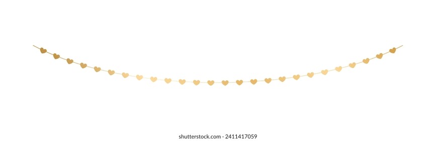 Gold Hearts Garland, Festive Birthday, Valentines Party celebration, Hanging buntings garlands vector illustration