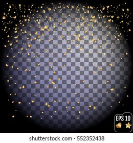 Gold hearts and glitter texture on transparent background. Celebratory background. Golden explosion of confetti. Vector illustration,eps 10.