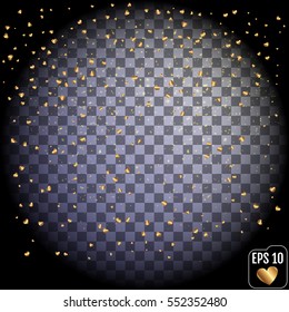 Gold hearts and glitter texture on transparent background. Celebratory background. Golden explosion of confetti. Vector illustration,eps 10.