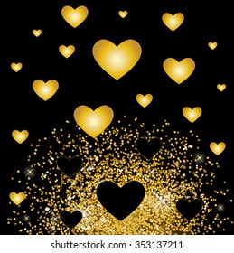 Gold hearts and golden glitter vector illustration.