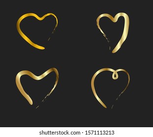 Gold Hearts. Hand drawn hearts brushes. Hand painted heart shape. Symbol of love Valentine's Day wedding cards. Vector illustration