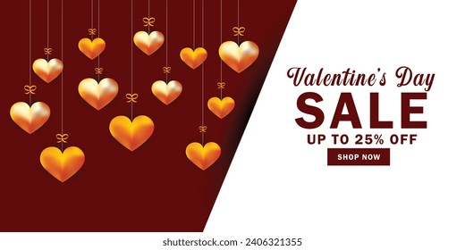 Gold hearts hanging sale background. Happy Valentines Day greeting banner. Golden metal 3d hanging hearts