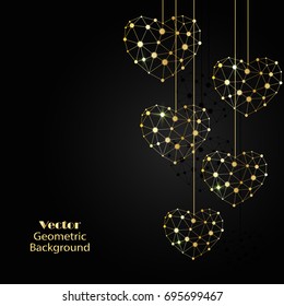 Gold hearts made of connected lines and dots on black background.