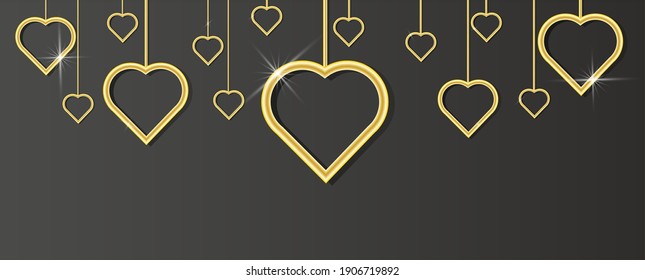 Gold hearts on a black background. Template for cards, invitations, banners and posters. Vector illustration.