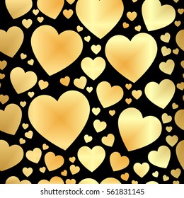 Gold hearts on a black background pattern. Abstract geometric modern background. Vector illustration. Art deco style. Heart seamless pattern. Seamless pattern background with hearts