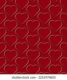 Corazones de oro sobre fondo rojo. Día de San Valentín. 