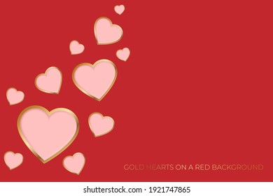 Gold Hearts on a red background, Valentines hearts postcard. Paper flying elements on pink background. Vector symbols of love in shape of heart design.