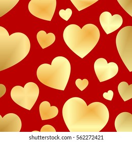 Gold hearts on a red background pattern. Abstract geometric modern background. Vector illustration. Art deco style. Heart seamless pattern. Seamless pattern background with hearts