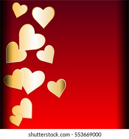 Gold hearts on a red, shiny background