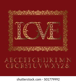 Gold hearts patterned letters with tendrils. Vintage font in romantic style. Isolated english alphabet with word Love in floral frame.