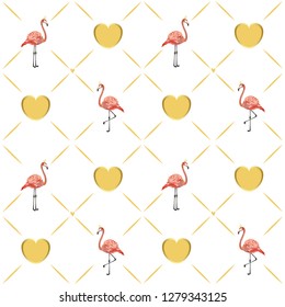 Gold hearts and royal flamingo pattern. Valentine Day pattern, glamour pattern, tropical pattern.