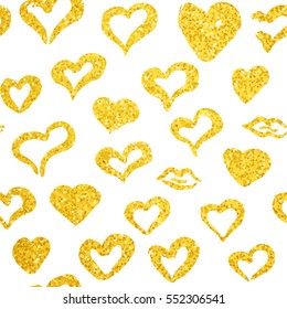 Gold Hearts Seamless Pattern. Vector Illustration of Brush Painted Background.