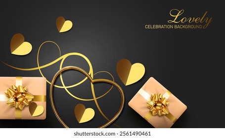 gold hearts shapes lines,golden paper cut hearts,gift boxes on the dark black background top view.valentine's day,anniversary and other lovely event greeting card and invitation background.