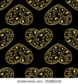 gold hearts textured on black background. vector illustration