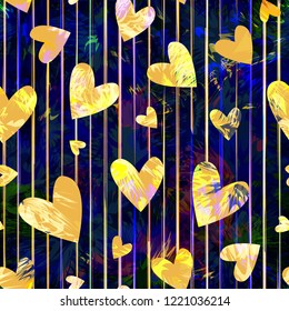 Gold hearts with vertical lines on blue dark backdrop. Seamless texture. Abstract vector background for romantic design, fabric, home decor, wrapping, greeting card
