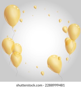 Gold Helium Background Gray Vector. Baloon Flying Banner. Golden Sphere Confetti. Toy Festive Card.