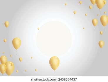 Gold Helium Background Gray Vector. Balloon Creative Design. Yellow Sphere Baloon. Ballon Birthday Border.