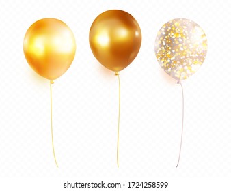 Gold Helium Balloon  Set Isolated On Transparent Background. Premium Vector.