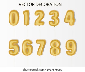 Gold helium balloons with numbers from 0 to 9. Balloons made of foil and latex. Celebration, birthday, anniversary and wedding celebration. Realistic 3D vector design elements.