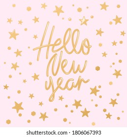 Texto de Año Nuevo Gold Hello 
con copos de nieve para tarjeta de saludo, afiche. Diseño de vacaciones vectoriales en fondo rosa.