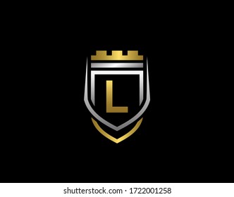 Gold Heraldic L Letter Monogram. Elegant retro minimal shield Shape.  Crown, Castel, Kingdom Logo Design.