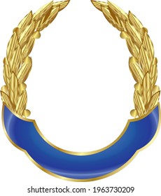 Gold heraldic laurel wreath with blue ribbon on a white background. Vector image.