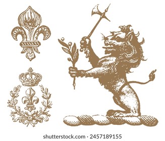 León Heráldico Dorado. Escudo de armas medieval. Lys De Fleur Cresta que representa el escudo de un león que apoya al flanco. Diseño de casco de caballeros. Antiguas estilo retro. Emblema de Regalías de grabado. Icono de Heraldy King	