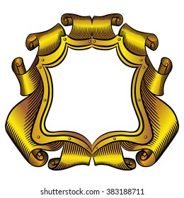 Gold heraldic shield frame with curl; RGB EPS 10 vector illustration