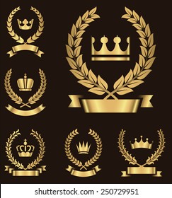 Gold Heraldry Emblems - Set of gold heraldry emblems with crown, wreath and banner.  Colors in gradients are global  Each emblem is grouped individually for easy editing.