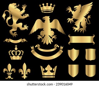 Gold Heraldry Ornaments - Gold heraldry ornaments isolated on a black background.  All elements are grouped separately for easy editing.