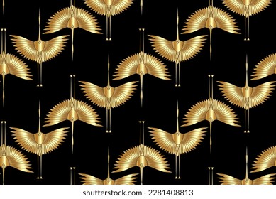 Herones de oro de estilo Art Déco. Patrón sin inconvenientes para la decoración interior, textiles. Decoración lujosa y de moda. Vector ilustración textura dorada aislada sobre fondo vintage negro