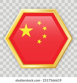 Gold hexagon badge with the flag of China on it. Gold badge with shadow underneath