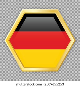 Gold hexagon badge with the flag of Germany on it. Vector icon with shadow underneath on checkered background