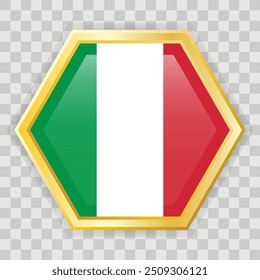 Gold hexagon badge with the flag of Italy on it. Gold badge with shadow underneath. Vector illustration on checkered background