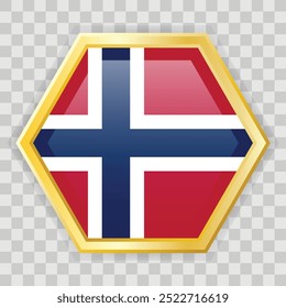 Crachá de hexágono dourado com a bandeira da Noruega. Emblema de ouro com sombra por baixo