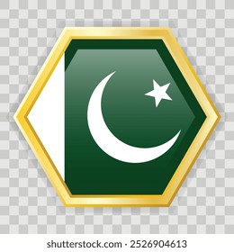 Gold hexagon badge with the flag of Pakistan on it. Gold badge with shadow underneath